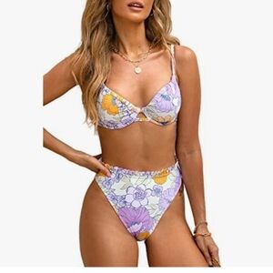 CUPSHE size XLARGE Floral Bikini Underwire Top & Ruffled High-Rise Bottom NEW